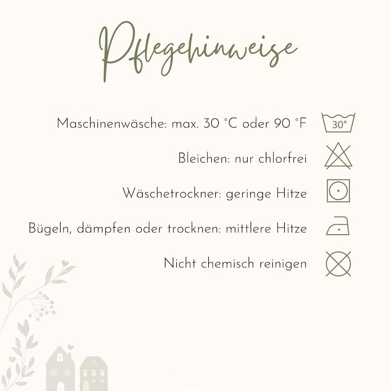 Puede incluir: Una tarjeta color crema con el texto "Pflegehinweise" en escritura cursiva. La tarjeta proporciona instrucciones de cuidado de la ropa, incluyendo lavado a m&aacute;quina a 30&deg;C o 90&deg;F, no usar lej&iacute;a con cloro, secar en secadora a baja temperatura, planchar a temperatura media y no limpiar en seco.