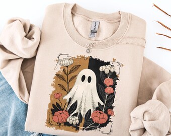 Halloween Sweatshirt Geist mit Kürbis, Gemütlicher Herbstpullover, Cozy Spooky Pullover, Boho Halloween Shirt für alle