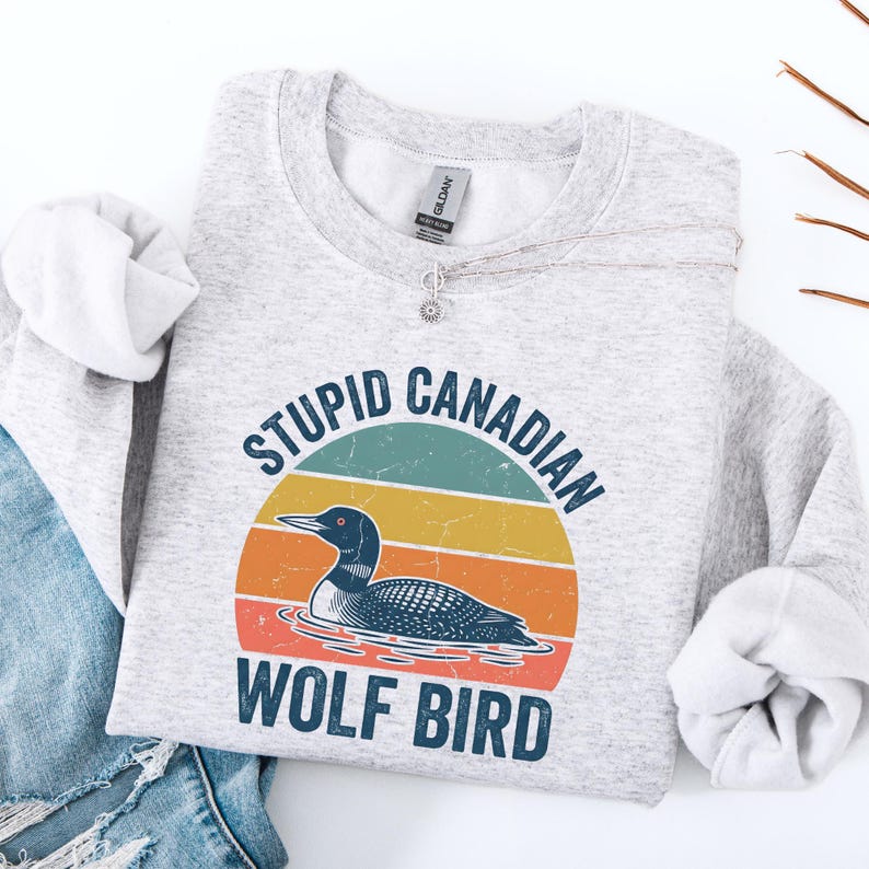 Puede incluir: Una sudadera gris claro con el texto "STUPID CANADIAN WOLF BIRD" en un dise&ntilde;o retro. El gr&aacute;fico presenta un colimbo grande frente a un fondo estilo puesta de sol con rayas turquesas, amarillas y naranjas. Un collar plateado est&aacute; drapeado sobre la sudadera.
