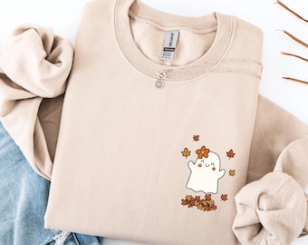 Autumn Ghost Sweatshirt, Cozy Halloween Sweater with Pile of Leaves, Cute Spooky Sweater, Autumn Outfit, Cozy Boho Sweater