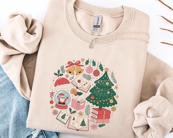 Snow globe Christmas sweater, Cozy Christmas sweater with books, snow globe & fir branches, Boho Bookish Christmas sweater, Book lover