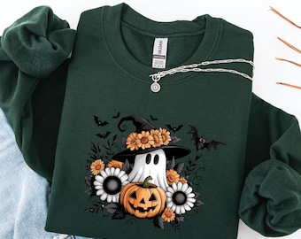 Halloween sweatshirt ghost with pumpkin and flowers, cozy autumn sweater, cozy spooky sweater, boho Halloween shirt, witch hat bat