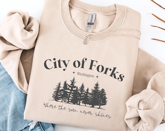 City of Forks Sweatshirt, gemütlicher Herbst Pulli, Twilight Liebhaber Shirt, Halloween, Twilight, Glitzer Vampir, Vintage Stadt Pullover