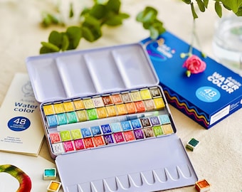 Watercolor Paint Set – 24/48 Half-Pans Metal Tin, Water Brush Included (Beginner-Friendly)