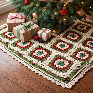 Puede incluir: Una falda de árbol de Navidad hecha a mano con un diseño de ganchillo. La falda presenta un patrón de cuadrados rojos, verdes y blancos, con un borde festoneado. Varios regalos envueltos se colocan cerca del árbol.