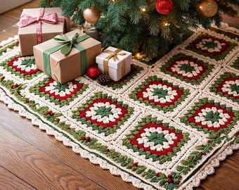 May include: A handmade Christmas tree skirt with a crocheted design. The skirt features a pattern of red, green, and white squares, with a scalloped edge. Several wrapped gifts are placed near the tree.
