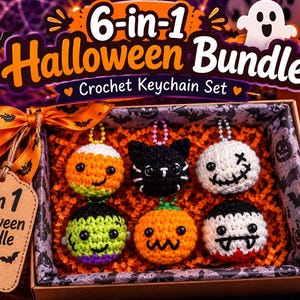 May include: A 6-in-1 Halloween bundle crochet keychain set in a box. The set includes six round crocheted figures: a candy corn, a black cat, a white ghost, a green monster, an orange pumpkin, and a vampire. A tag reads 6 in 1 Halloween Bundle.