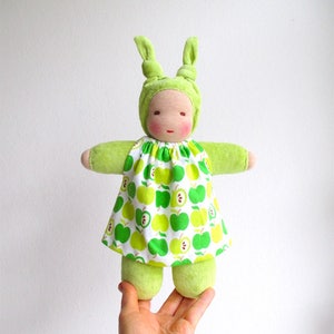 Organic Waldorf bunting dolls, baby doll green, apple print, baby first doll, gift for baby girl, organic baby shower image 1