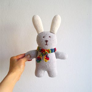 Organic bunny toy, cuddly bunny, gray, white, wool, cotton, stuffed toy, baby gift, toddler, shower gift, eco friendly, Easter, rainbow image 1