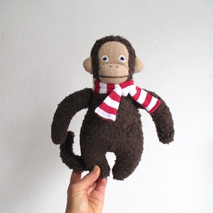 Organic monkey toy, organic plush monkey, stuffed monkey toy, dark brown, beige, stripes, red, white, monkey stuffed animal, jungle, plushie