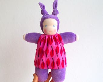 Organic Waldorf Doll, Purple Bunting, Cuddly Toy