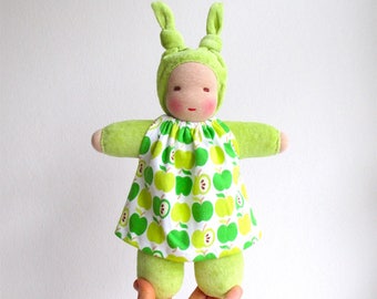 Organic Waldorf bunting dolls, baby doll green, apple print, baby first doll, gift for baby girl, organic baby shower