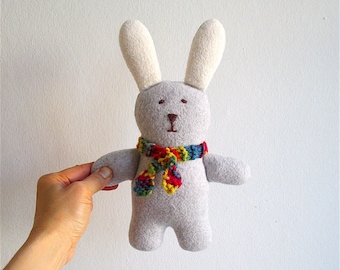 Organic bunny toy, cuddly bunny, gray, white, wool, cotton, stuffed toy, baby gift, toddler, shower gift, eco friendly, Easter, rainbow