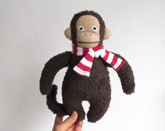 Organic monkey toy, organic plush monkey, stuffed monkey toy, dark brown, beige, stripes, red, white, monkey stuffed animal, jungle, plushie