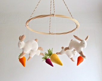 Ceiling baby mobile, jumping bunnies, carrots, rabbits, white, beige, new baby gift, baby shower, pastel nursery decor, vegan