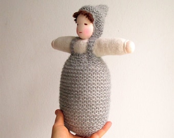 Organic Baby Alpaca Waldorf Doll, Grey Knitted Sack Doll