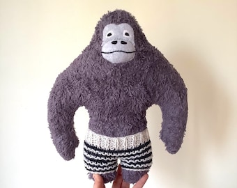 Gorilla stuffed toy, organic gorilla, plush gorilla, gray, black white, stripe, monochrome nursery, soft gorilla toy