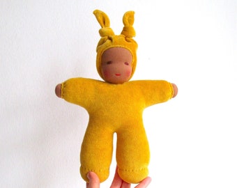 Organic waldorf doll, yellow, colored skin, dark skin, soft, baby, shower gift, cuddly, bunting