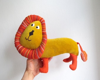 Organic plush lion, orange, yellow, safari stuffed animal, soft lion toy, stuffed lion toy, safari nursery, African plush, can be made vegan