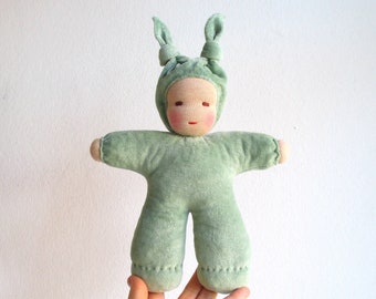 Organic Green Baby Doll, Waldorf Steiner Doll, Bunting Hat