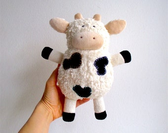 Organic cow toy, plush, stuffed animal, cuddly, soft, eco-friendly, baby, toddler gift, white, black, beige, can be vegan