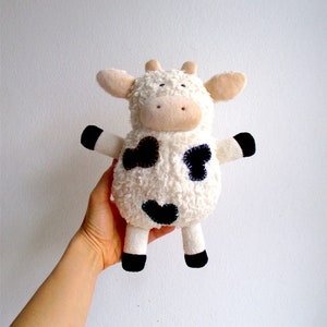 Organic cow toy, plush, stuffed animal, cuddly, soft, eco-friendly, baby, toddler gift, white, black, beige, can be vegan image 1