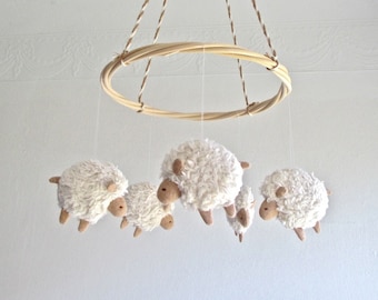 Sheep - nursery mobile - lambs - baby room decor - farm - new baby gift - white - beige - pastel - gender neutral - rental safe