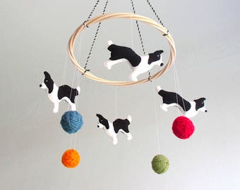 Border collie baby mobile, dog baby mobile, baby mobile dogs, nursery mobile dogs, border collie, black and white, organic, gender neutral