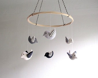 Organic Cotton Bird Baby Mobile, Grayscale Nursery Decor