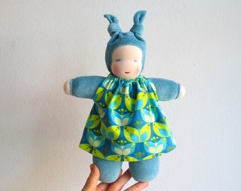 Baby first doll, organic Waldorf doll blue, doll floral print, turquoise doll, baby girl gift, Waldorf baby shower, organic soft blue doll