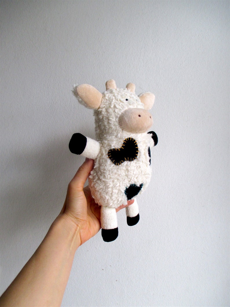 Organic cow toy, plush, stuffed animal, cuddly, soft, eco-friendly, baby, toddler gift, white, black, beige, can be vegan image 3