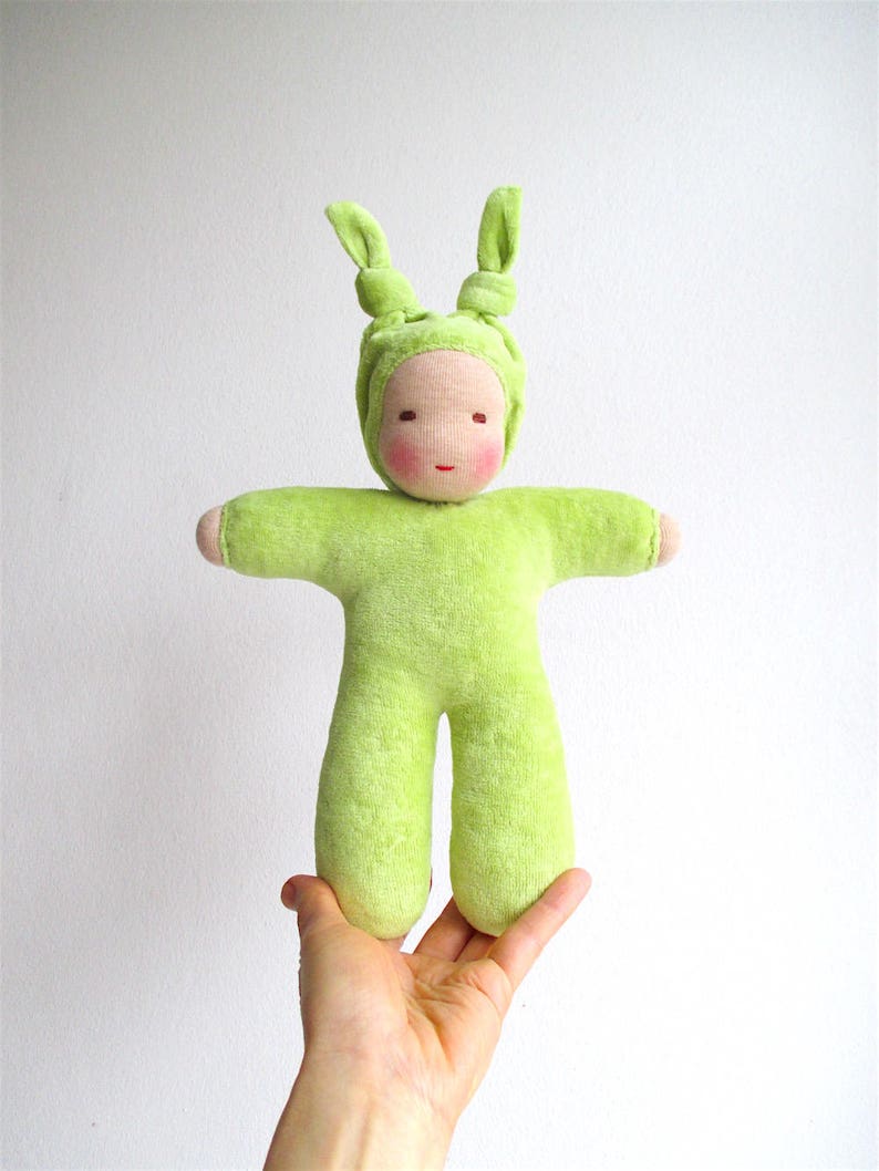 Organic Waldorf bunting dolls, baby doll green, apple print, baby first doll, gift for baby girl, organic baby shower image 5