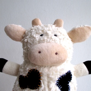 Organic cow toy, plush, stuffed animal, cuddly, soft, eco-friendly, baby, toddler gift, white, black, beige, can be vegan image 2