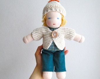 Waldorf doll boy 12 inch, organic, blue, turquoise, blond hair, blue eyes, child gift, toddler, Steiner, made to order