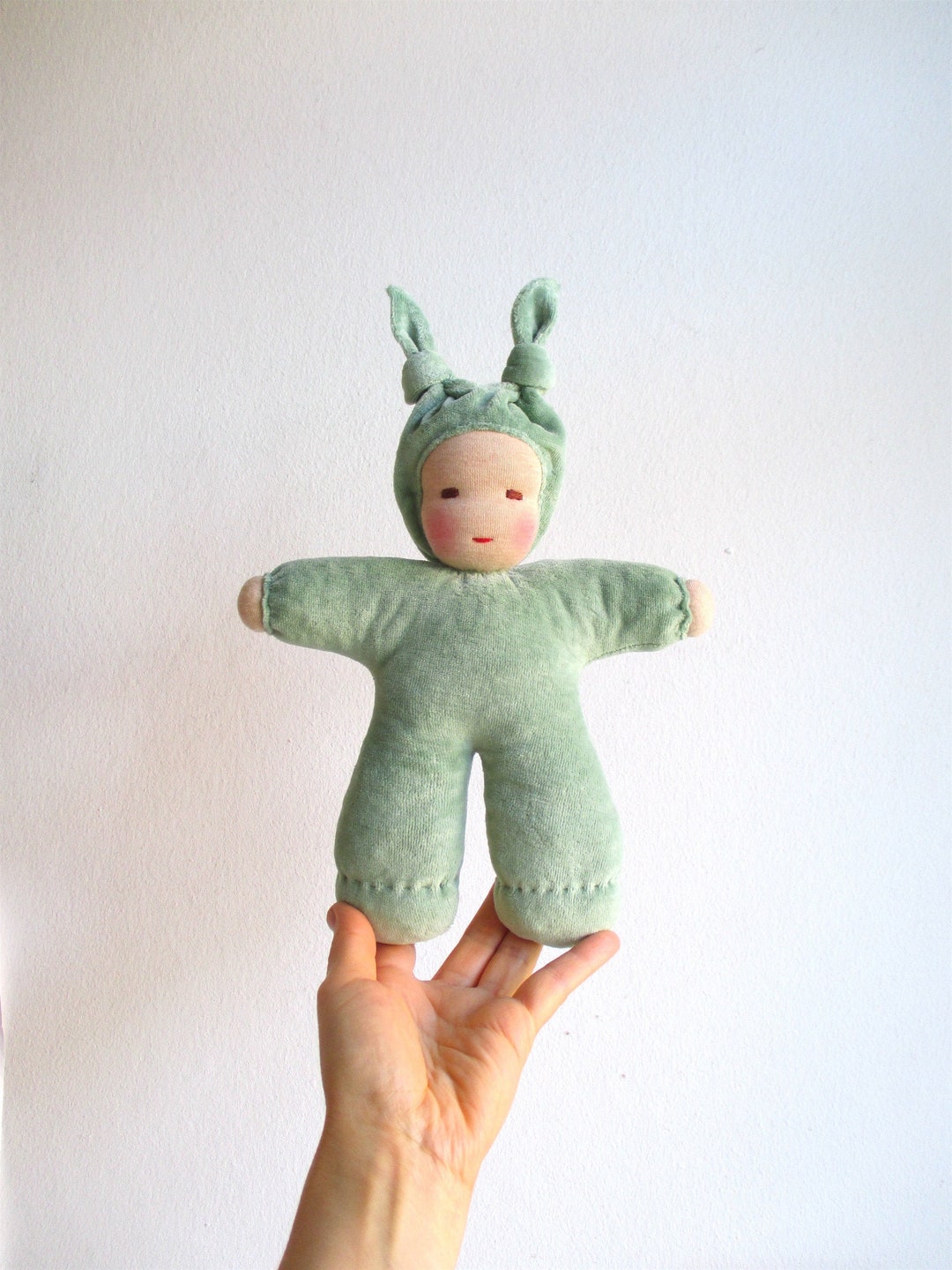 Organic Green Baby Doll, Organic First Doll, Green Bunting Waldorf Doll