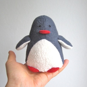 Organic penguin toy, organic stuffed penguin, penguin soft toy, handmade toy penguin, eco friendly penguin toy, white and gray toy image 1