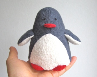 Organic penguin toy, organic stuffed penguin, penguin soft toy, handmade toy penguin, eco friendly penguin toy, white and gray toy