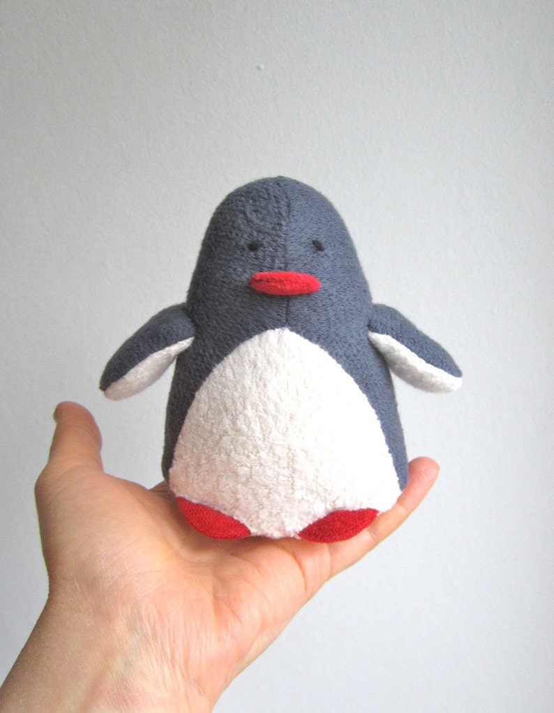 Organic penguin toy, organic stuffed penguin, penguin soft toy, handmade toy penguin, eco friendly penguin toy, white and gray toy image 1