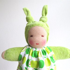 Organic Waldorf bunting dolls, baby doll green, apple print, baby first doll, gift for baby girl, organic baby shower image 3