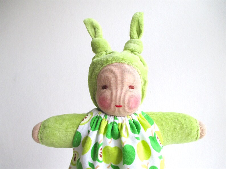Organic Waldorf bunting dolls, baby doll green, apple print, baby first doll, gift for baby girl, organic baby shower image 3