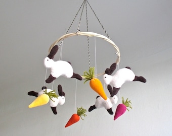 Nursery mobile, bunny, carrots, bunnies, rabbits, nursery decor, new baby, shower gift, white, brown, cosy, colorful, can be vegan