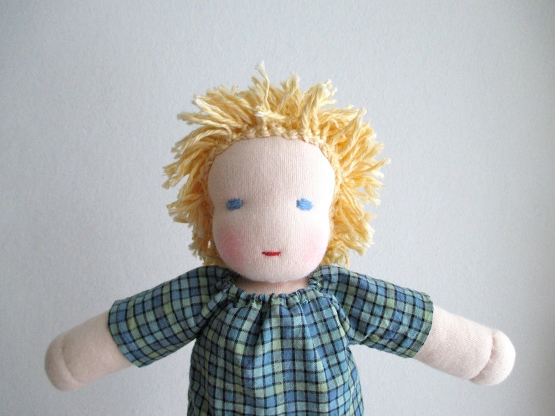 Waldorf doll boy 12 inch, organic, blue, turquoise, blond hair, blue eyes, child gift, toddler, Steiner, made to order image 2