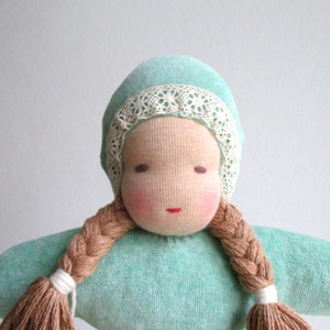 Waldorf doll, organic girl baby doll, 10.5inch, soft, light green, mint green, brown eyed, plush, Christmas gift for girl image 2