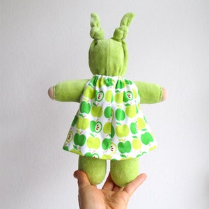 Organic Waldorf bunting dolls, baby doll green, apple print, baby first doll, gift for baby girl, organic baby shower image 4