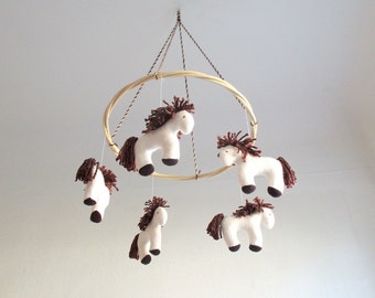 Nursery mobile horses, horse theme nursery, baby mobile horses, white and brown horse mobile, small toy horses, vegan horse toy, horse decor