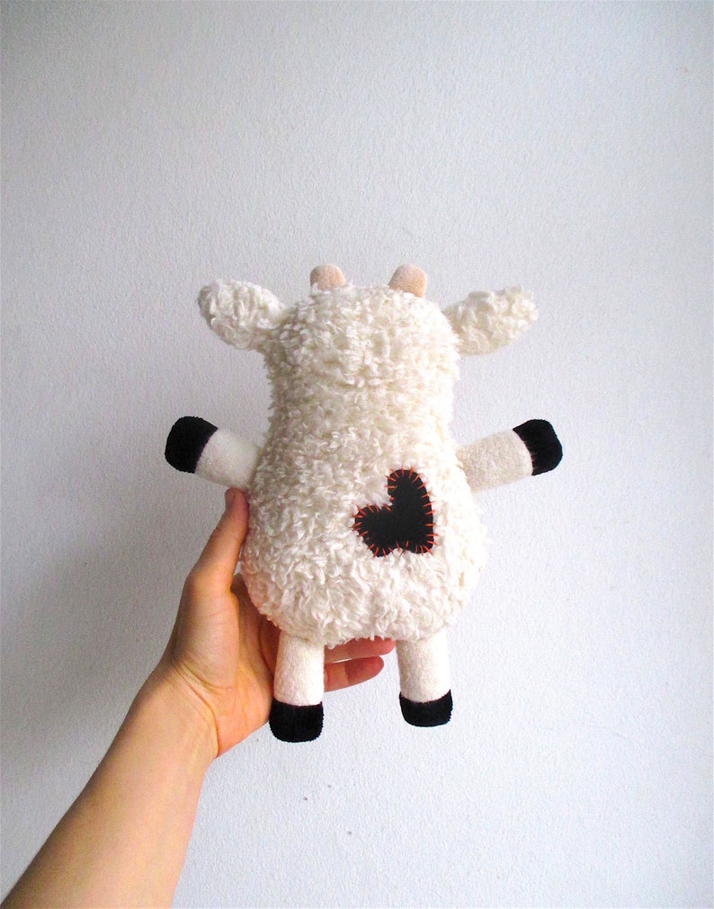 Organic cow toy, plush, stuffed animal, cuddly, soft, eco-friendly, baby, toddler gift, white, black, beige, can be vegan image 4