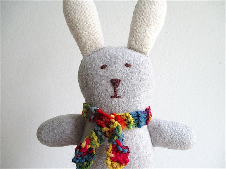 Organic bunny toy, cuddly bunny, gray, white, wool, cotton, stuffed toy, baby gift, toddler, shower gift, eco friendly, Easter, rainbow image 2