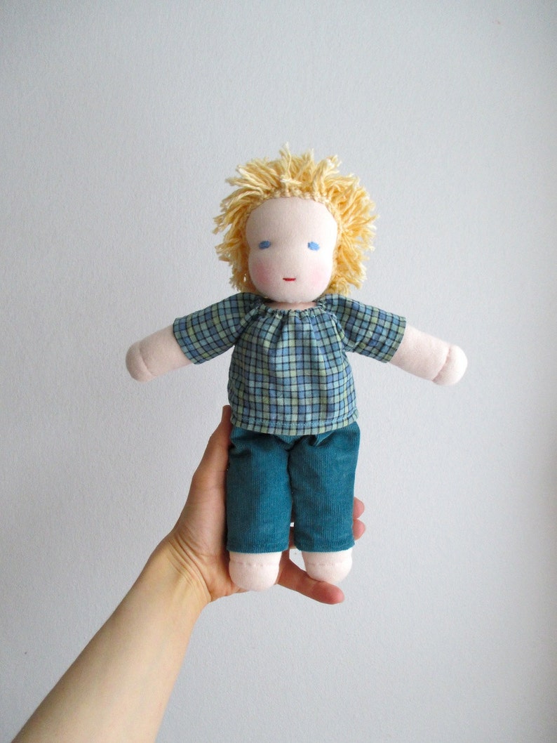 Waldorf doll boy 12 inch, organic, blue, turquoise, blond hair, blue eyes, child gift, toddler, Steiner, made to order image 3