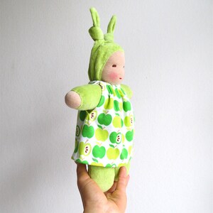 Organic Waldorf bunting dolls, baby doll green, apple print, baby first doll, gift for baby girl, organic baby shower image 2