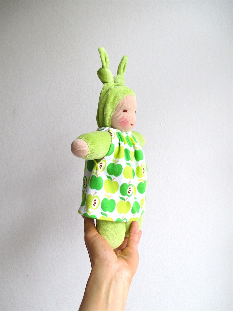 Organic Waldorf bunting dolls, baby doll green, apple print, baby first doll, gift for baby girl, organic baby shower image 2